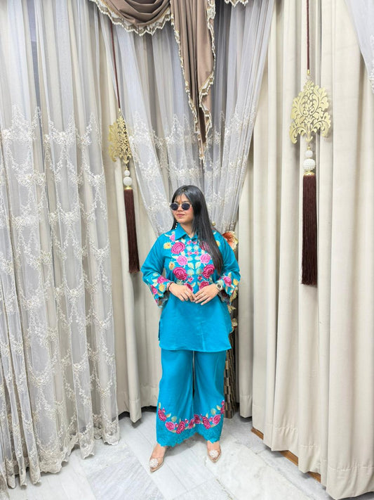 Premium Embroidery Cotton Silk Cordset for Women | Designer Floral Co-ord Set