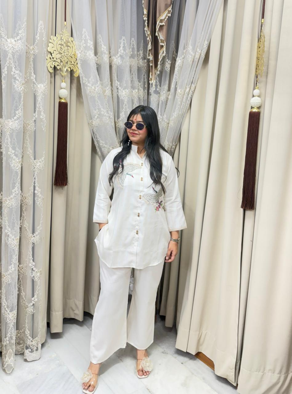 Elegant White Embroidered Pure Cotton Cordset for Women | Premium Co-ord Set