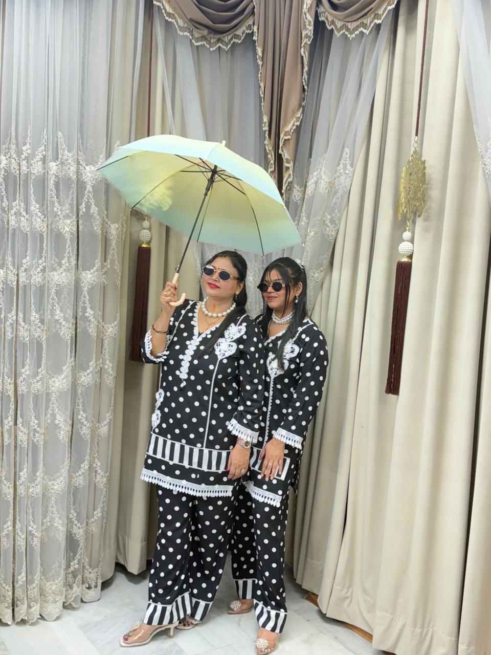 Polka Designer Mulmul Cotton Cordset for Women | Premium Black & White Co-ord Set