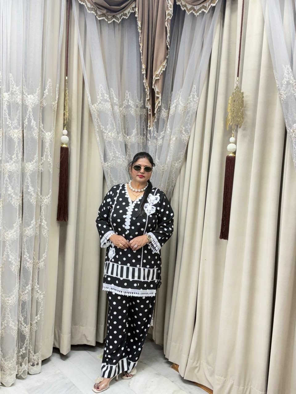Polka Designer Mulmul Cotton Cordset for Women | Premium Black & White Co-ord Set