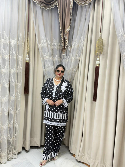 Polka Designer Mulmul Cotton Cordset for Women | Premium Black & White Co-ord Set