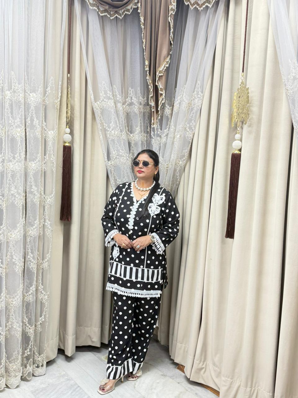 Polka Designer Mulmul Cotton Cordset for Women | Premium Black & White Co-ord Set