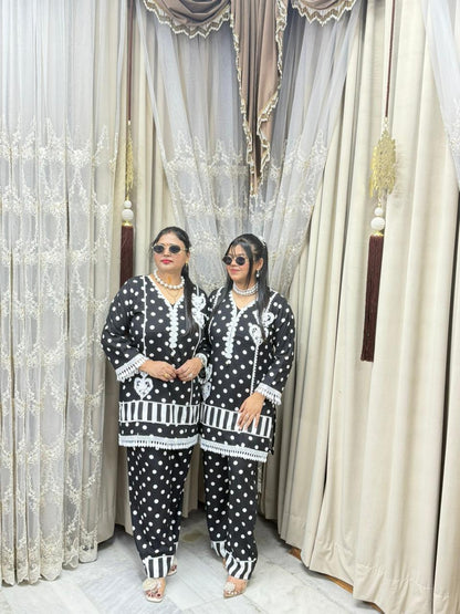 Polka Designer Mulmul Cotton Cordset for Women | Premium Black & White Co-ord Set