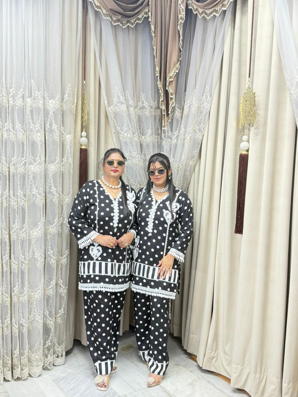 Polka Designer Mulmul Cotton Cordset for Women | Premium Black & White Co-ord Set