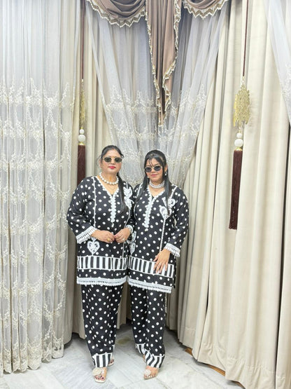 Polka Designer Mulmul Cotton Cordset for Women | Premium Black & White Co-ord Set