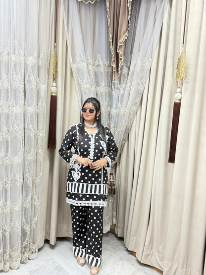 Polka Designer Mulmul Cotton Cordset for Women | Premium Black & White Co-ord Set