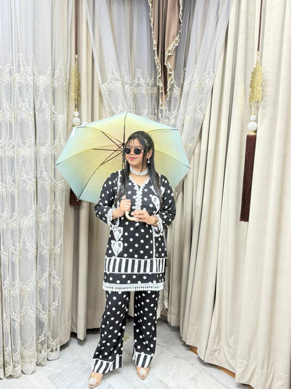 Polka Designer Mulmul Cotton Cordset for Women | Premium Black & White Co-ord Set