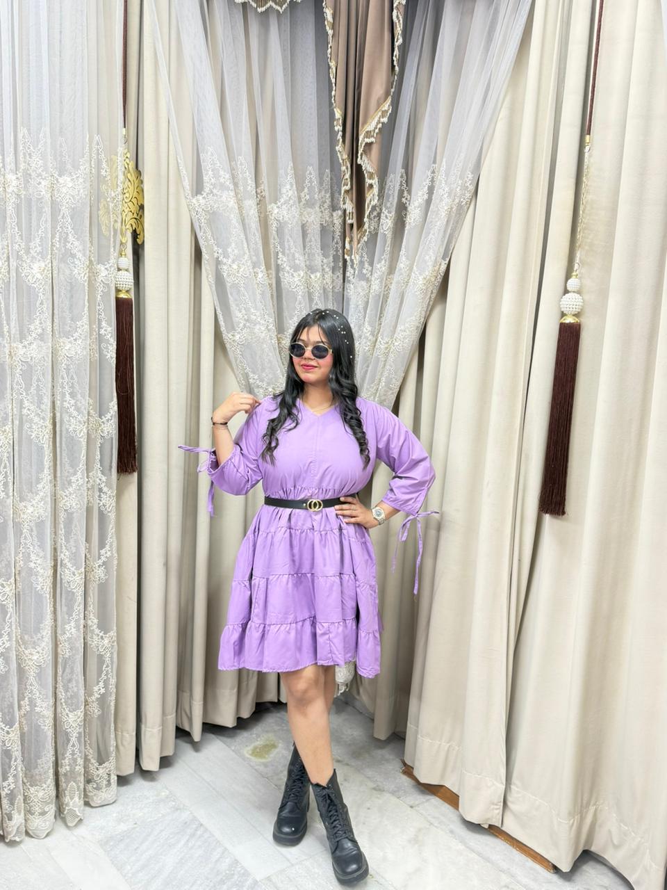 Lavender Short Bow Dress for Women | Casual Flowy Mini Dress with Belt