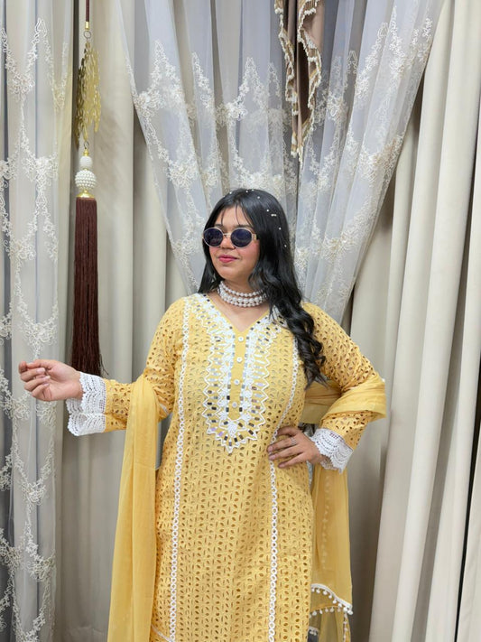 Premium Schiffli Pure Cotton Suit Set for Women | Elegant Kurta Pant Dupatta Set