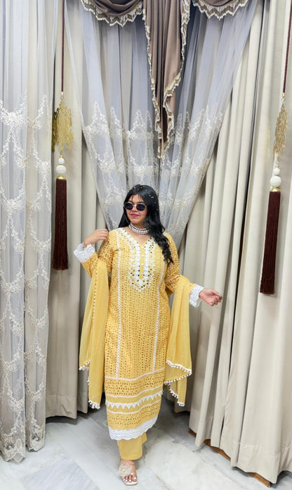 Premium Schiffli Pure Cotton Suit Set for Women | Elegant Kurta Pant Dupatta Set