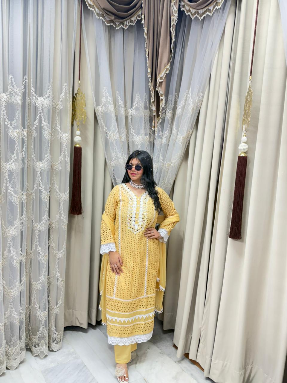 Premium Schiffli Pure Cotton Suit Set for Women | Elegant Kurta Pant Dupatta Set