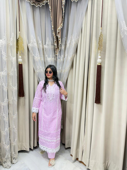 Premium Schiffli Pure Cotton Suit Set for Women | Elegant Kurta Pant Dupatta Set