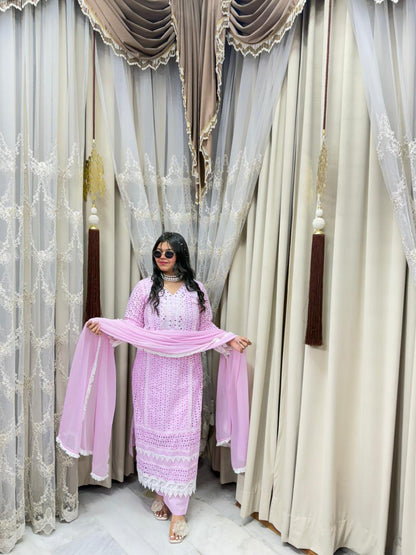 Premium Schiffli Pure Cotton Suit Set for Women | Elegant Kurta Pant Dupatta Set