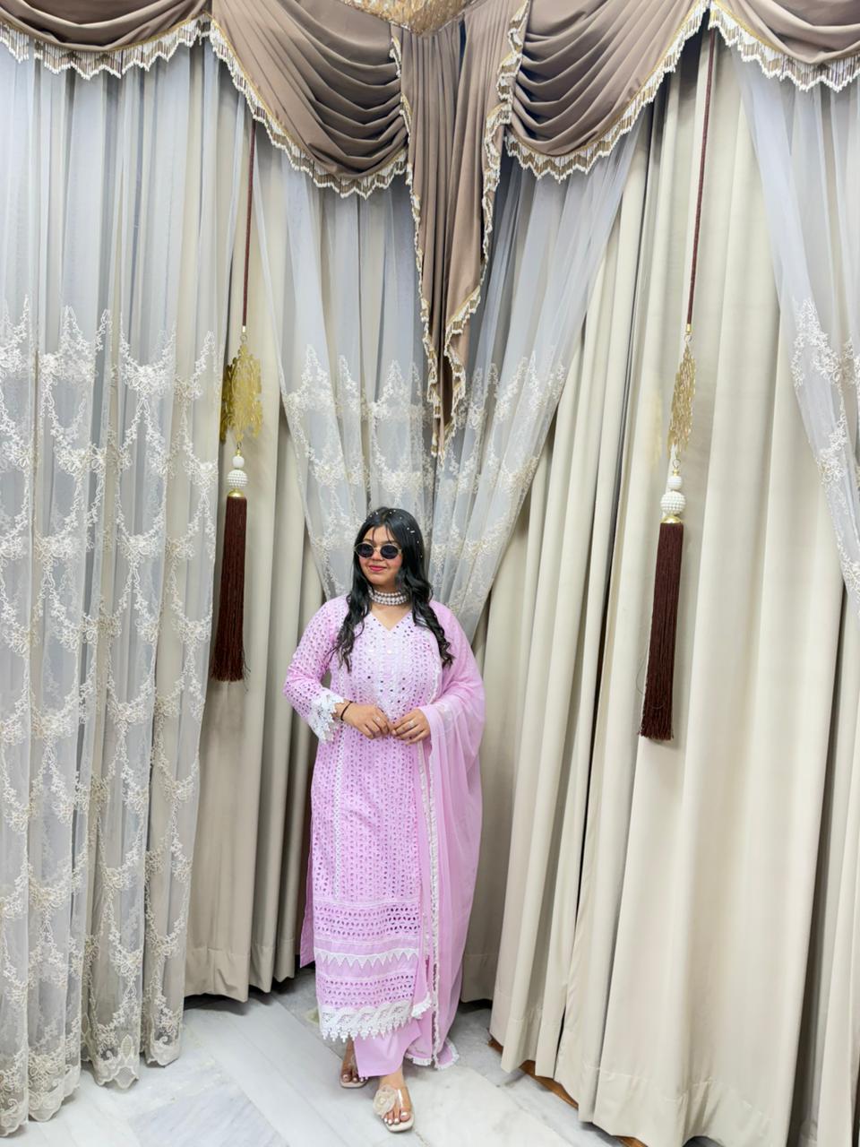 Premium Schiffli Pure Cotton Suit Set for Women | Elegant Kurta Pant Dupatta Set