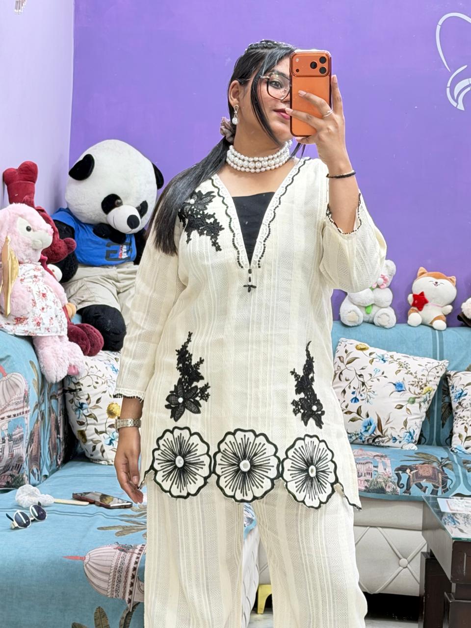 Designer Cut Work Pure Cotton Co-Ord Set for Women | Premium Kurti Pant Cordset