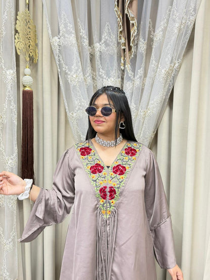 Designer Front Cut Satin Silk Co-Ord Set for Women | Premium Embroidered Cordset