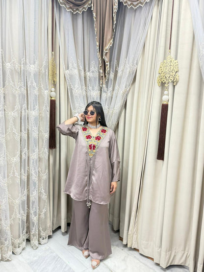Designer Front Cut Satin Silk Co-Ord Set for Women | Premium Embroidered Cordset