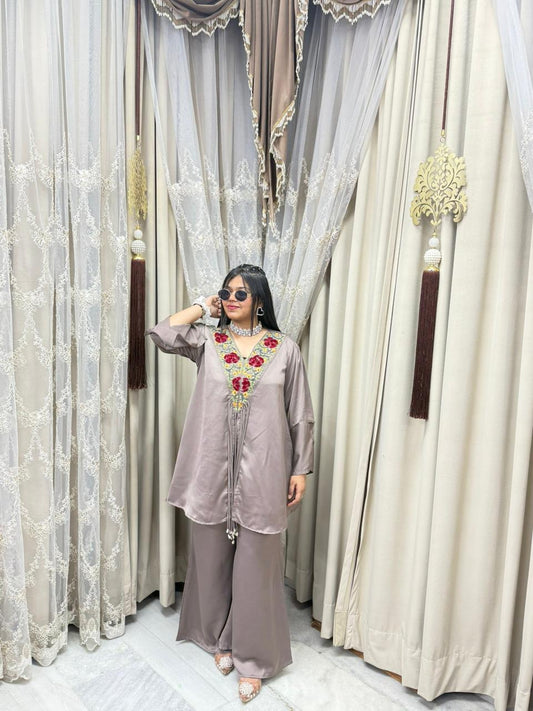 Designer Front Cut Satin Silk Co-Ord Set for Women | Premium Embroidered Cordset