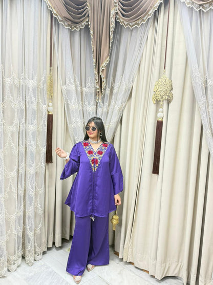 Designer Front Cut Satin Silk Co-Ord Set for Women | Premium Embroidered Cordset
