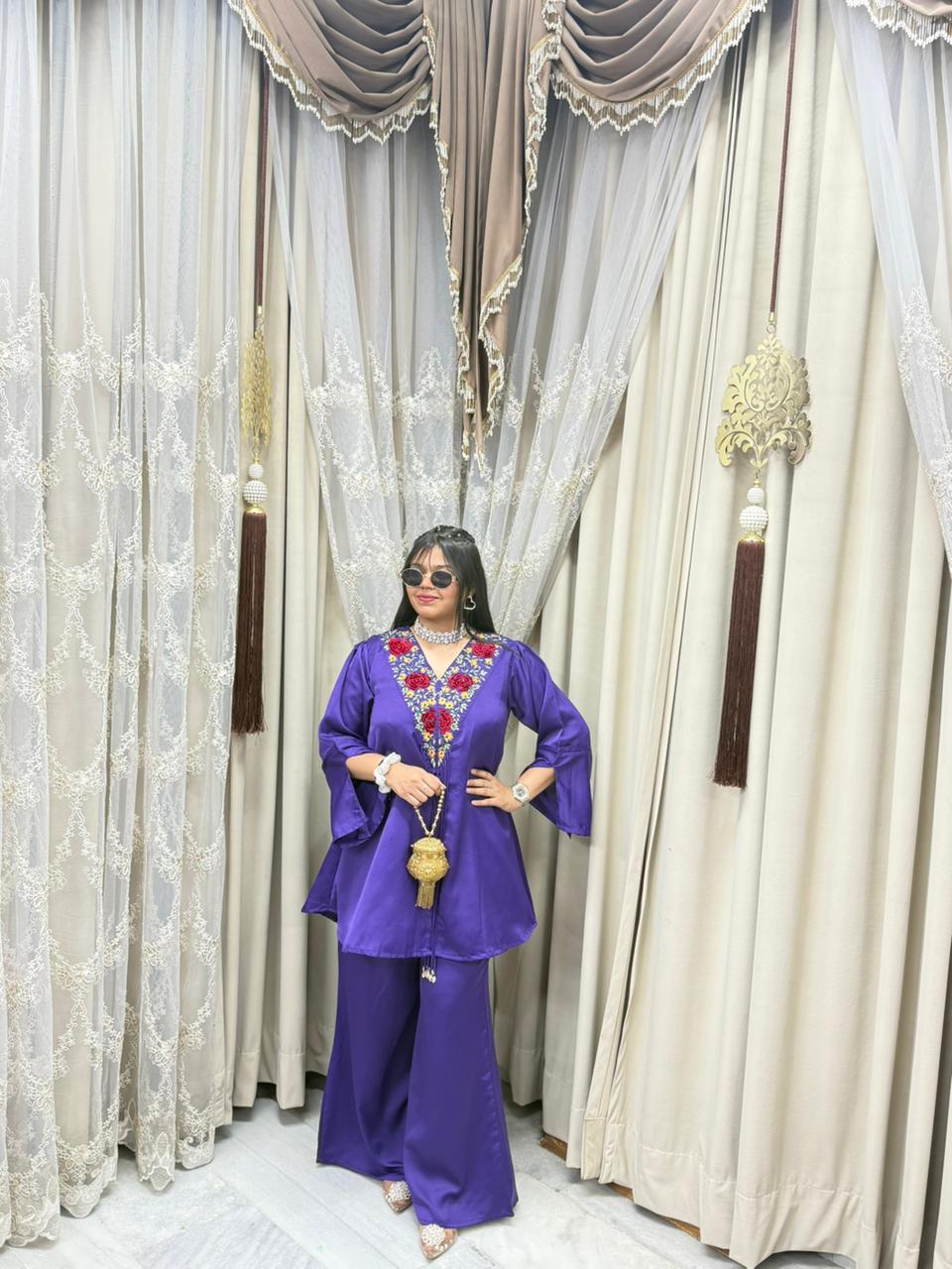 Designer Front Cut Satin Silk Co-Ord Set for Women | Premium Embroidered Cordset