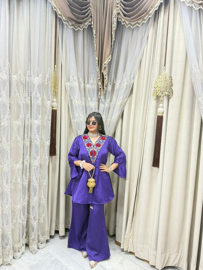 Designer Front Cut Satin Silk Co-Ord Set for Women | Premium Embroidered Cordset