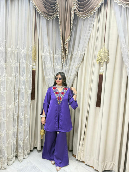 Designer Front Cut Satin Silk Co-Ord Set for Women | Premium Embroidered Cordset