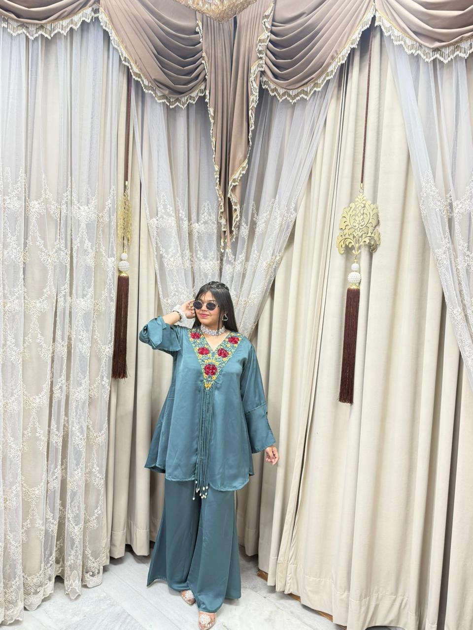 Designer Front Cut Satin Silk Co-Ord Set for Women | Premium Embroidered Cordset