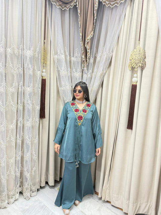 Designer Front Cut Satin Silk Co-Ord Set for Women | Premium Embroidered Cordset