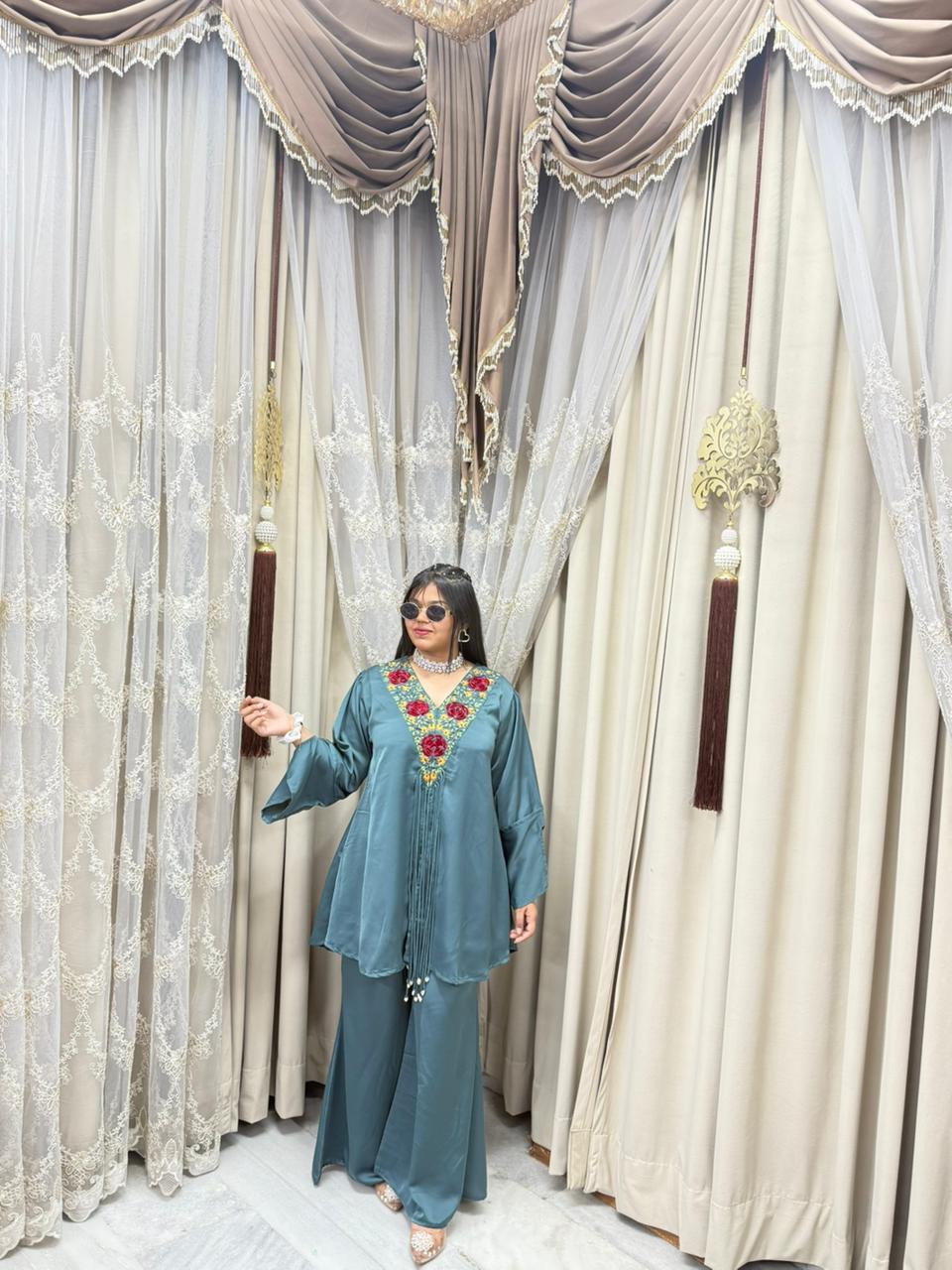 Designer Front Cut Satin Silk Co-Ord Set for Women | Premium Embroidered Cordset