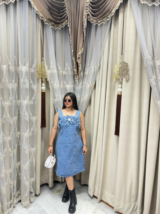 Women Flower Detail Denim Short Dress | Stylish Casual Western Dress for Girls