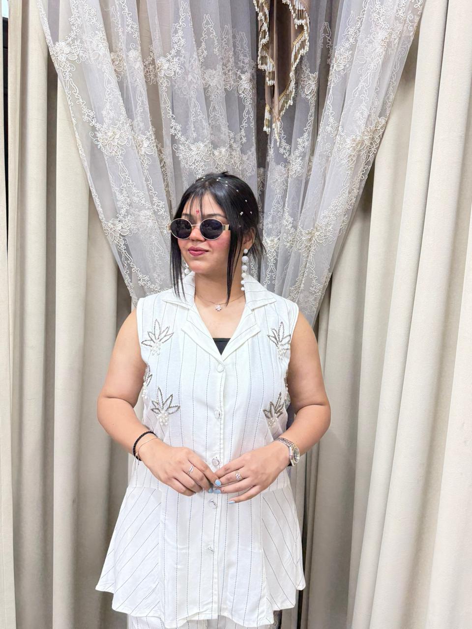 Premium Designer Embroidered Cordset for Women | Sleeveless Striped Co-Ord Set