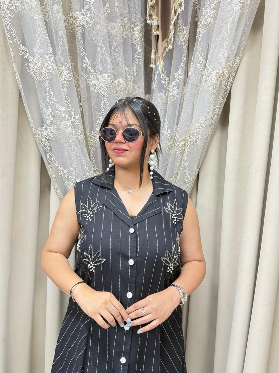 Premium Designer Embroidered Cordset for Women | Sleeveless Striped Co-Ord Set