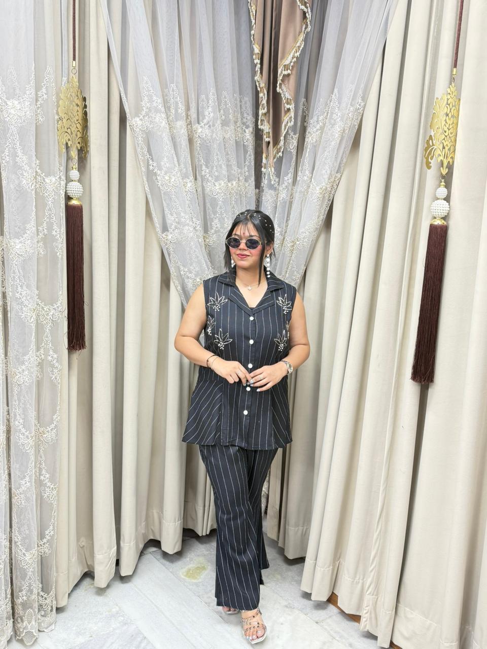 Premium Designer Embroidered Cordset for Women | Sleeveless Striped Co-Ord Set