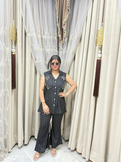 Premium Designer Embroidered Cordset for Women | Sleeveless Striped Co-Ord Set