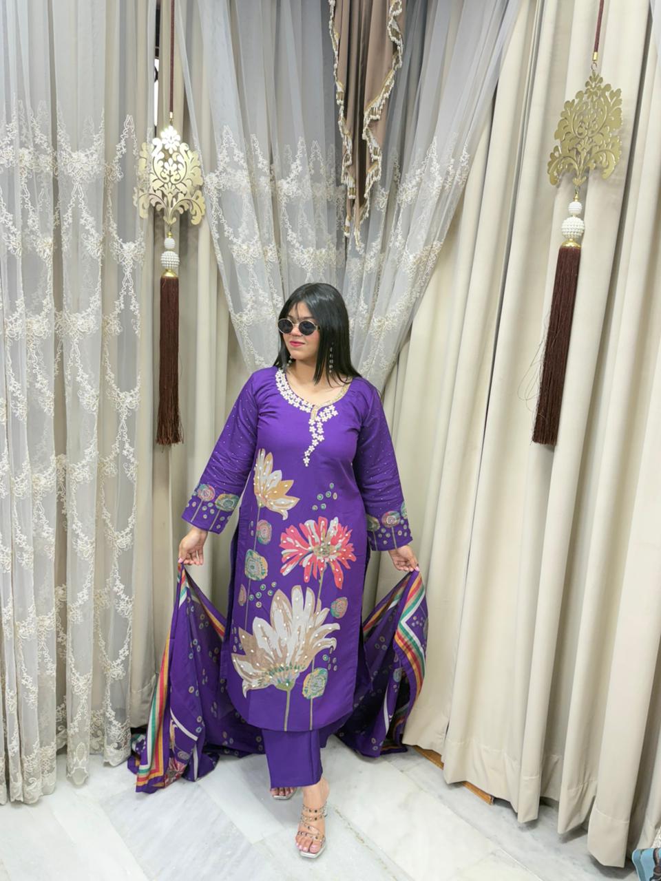 Premium Cotton Silk Handwork Embroidery Suit Set with Printed Dupatta