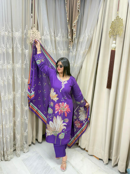 Premium Cotton Silk Handwork Embroidery Suit Set with Printed Dupatta