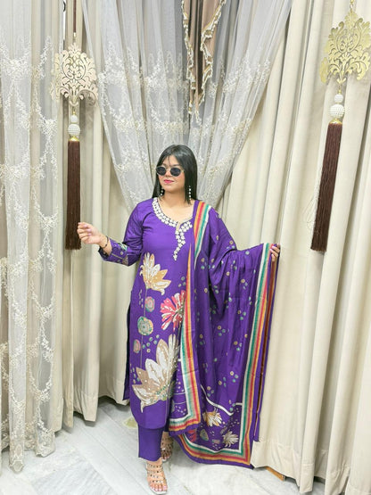Premium Cotton Silk Handwork Embroidery Suit Set with Printed Dupatta
