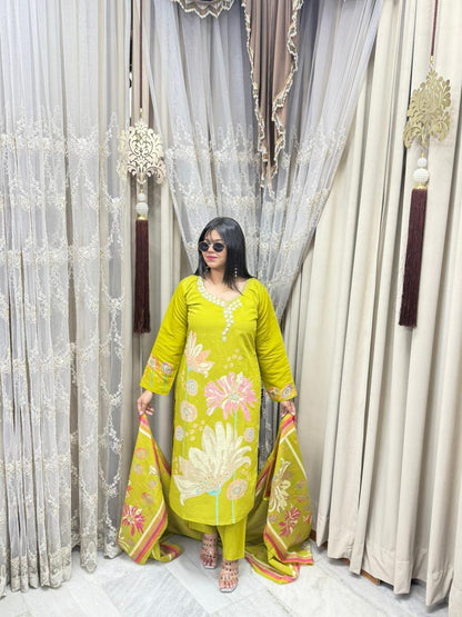 Premium Cotton Silk Handwork Embroidery Suit Set with Printed Dupatta