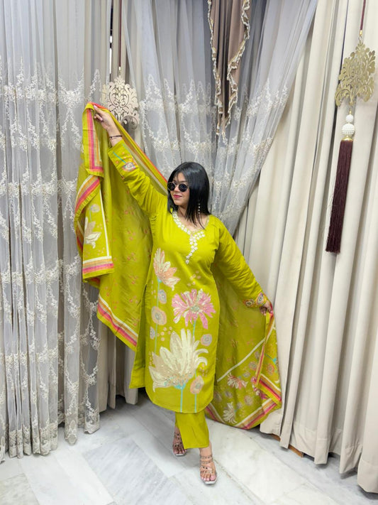 Premium Cotton Silk Handwork Embroidery Suit Set with Printed Dupatta