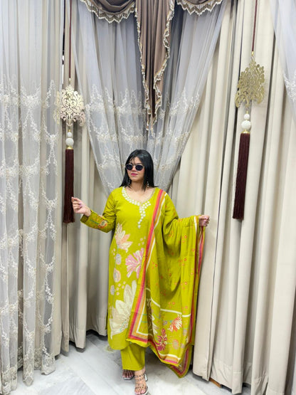 Premium Cotton Silk Handwork Embroidery Suit Set with Printed Dupatta