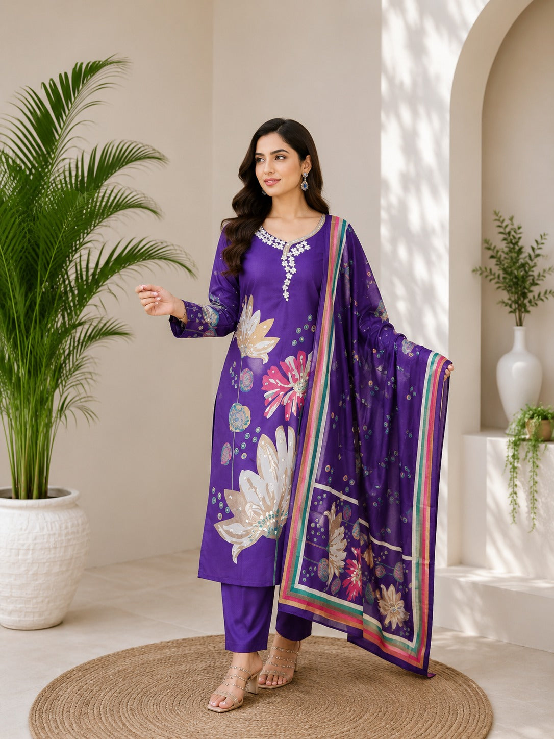 Premium Cotton Silk Handwork Embroidery Suit Set with Printed Dupatta