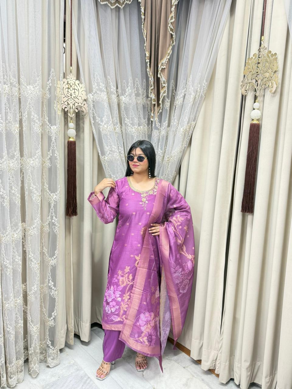 Premium Pure Organza Embroidered 3-Piece Suit Set with Floral Dupatta