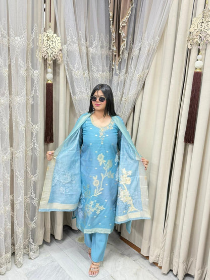 Premium Pure Organza Embroidered 3-Piece Suit Set with Floral Dupatta