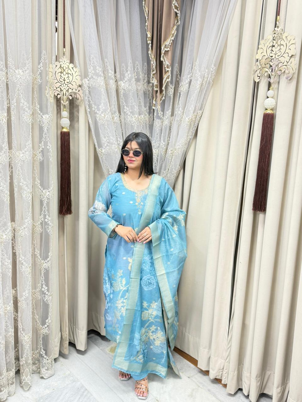 Premium Pure Organza Embroidered 3-Piece Suit Set with Floral Dupatta