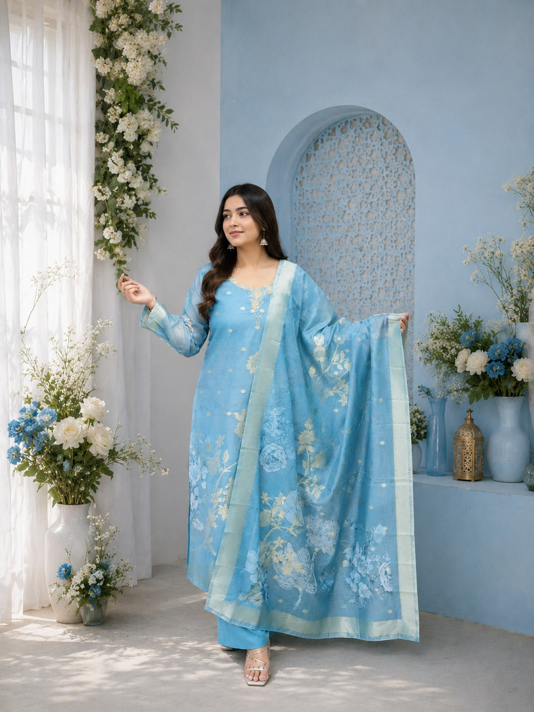 Premium Pure Organza Embroidered 3-Piece Suit Set with Floral Dupatta