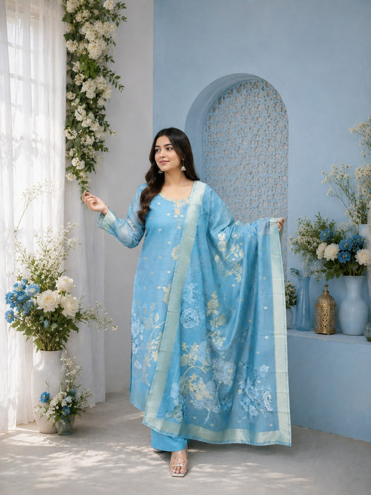 Premium Pure Organza Embroidered 3-Piece Suit Set with Floral Dupatta