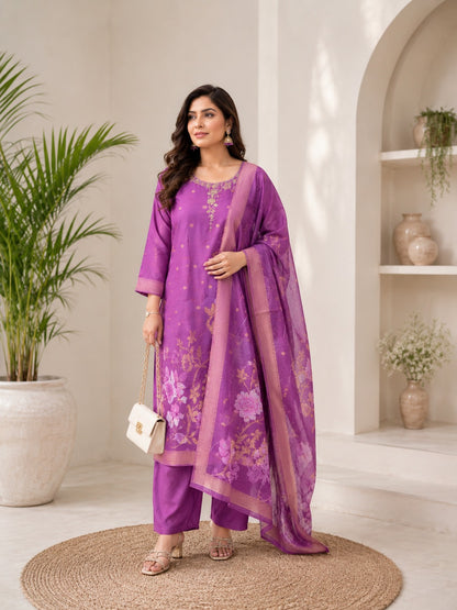 Premium Pure Organza Embroidered 3-Piece Suit Set with Floral Dupatta