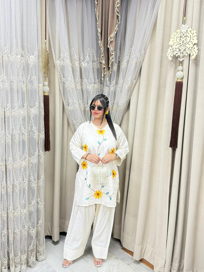 Premium Cotton Silk Sunflower Embroidery Co-Ord Set with Farshi Palazzo