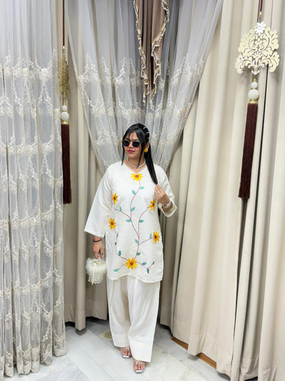 Premium Cotton Silk Sunflower Embroidery Co-Ord Set with Farshi Palazzo