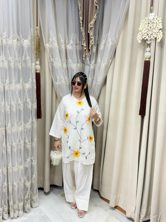 Premium Cotton Silk Sunflower Embroidery Co-Ord Set with Farshi Palazzo